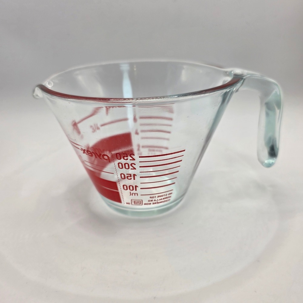 Vintage Pyrex Reverse Read  1 Cup 250ml Clear Glass Measuring Cup Red Lettering